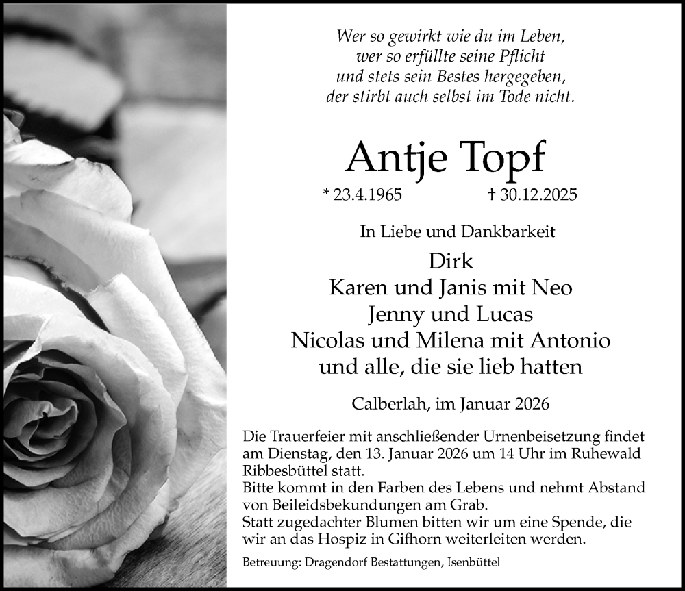 Traueranzeige für Antje Topf vom 10.01.2026 aus Aller Zeitung