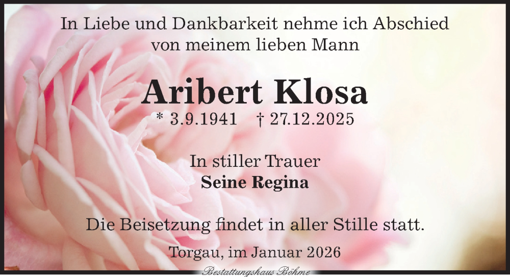  Traueranzeige für Aribert Klosa vom 10.01.2026 aus Torgauer Zeitung