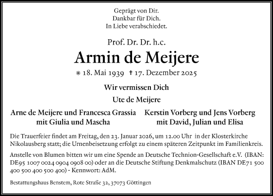 Traueranzeige von Armin de Meijere von Göttinger Tageblatt