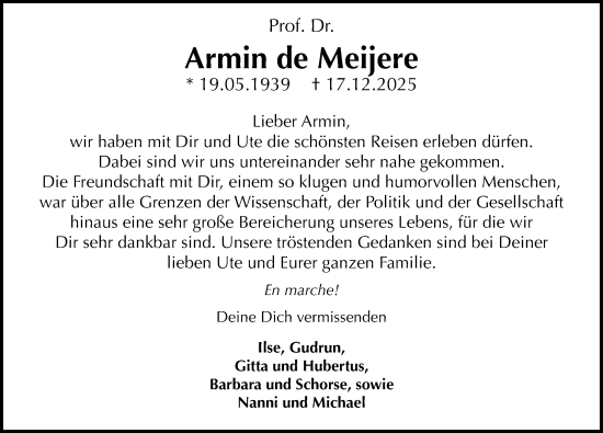 Traueranzeige von Armin de Meijere von Göttinger Tageblatt