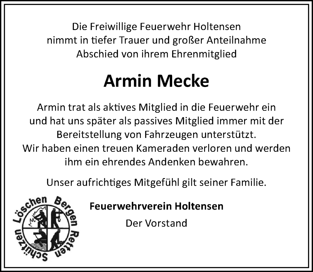  Traueranzeige für Armin Mecke vom 17.01.2026 aus Göttinger Tageblatt