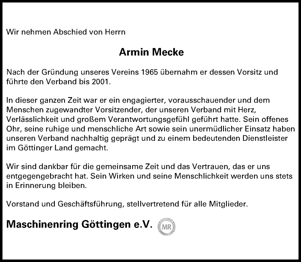  Traueranzeige für Armin Mecke vom 24.01.2026 aus Göttinger Tageblatt