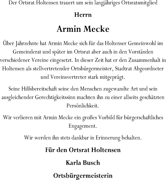 Traueranzeige von Armin Mecke von Göttinger Tageblatt