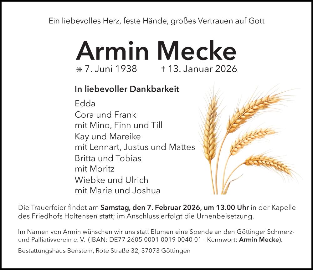  Traueranzeige für Armin Mecke vom 17.01.2026 aus Göttinger Tageblatt
