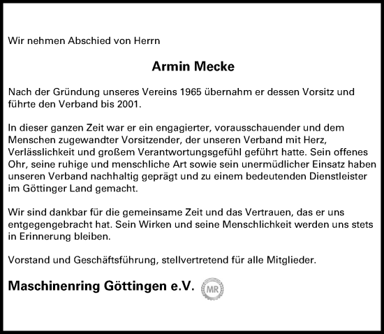 Traueranzeige von Armin Mecke von Göttinger Tageblatt