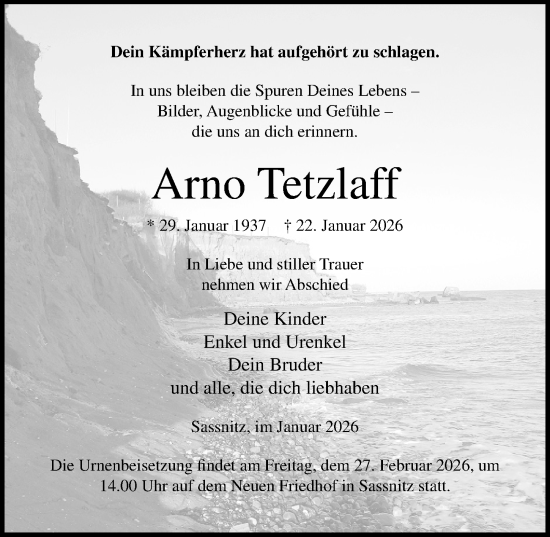 Traueranzeige von Arno Tetzlaff von Ostsee-Zeitung GmbH