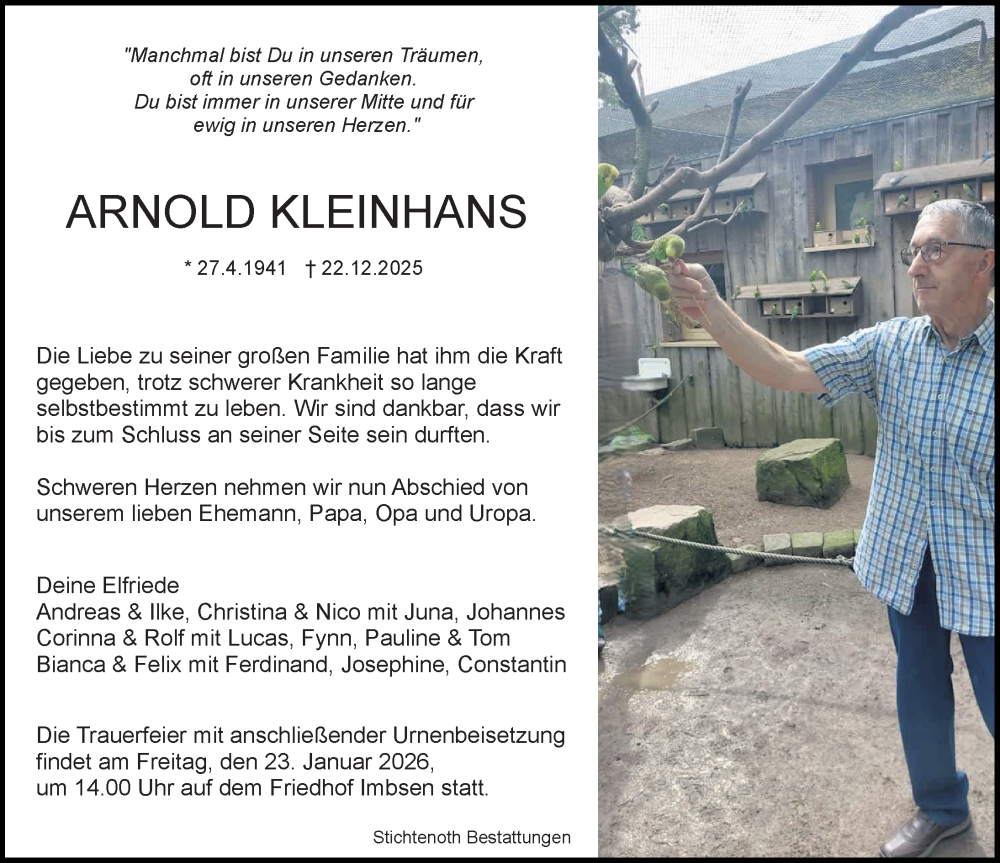  Traueranzeige für Arnold Kleinhans vom 17.01.2026 aus Göttinger Tageblatt