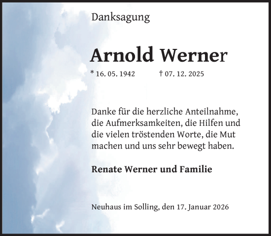 Traueranzeige von Arnold Werner von Täglicher Anzeiger Holzminden