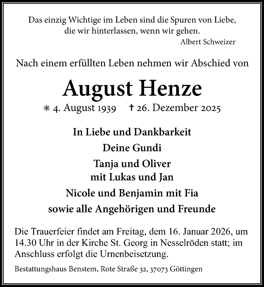  Traueranzeige für August Henze vom 10.01.2026 aus Eichsfelder Tageblatt