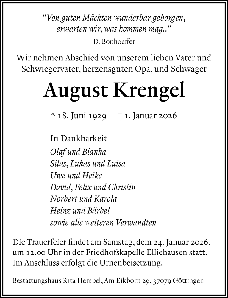  Traueranzeige für August Krengel vom 17.01.2026 aus Göttinger Tageblatt