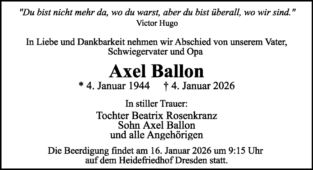  Traueranzeige für Axel Ballon vom 13.01.2026 aus Sächsische Zeitung