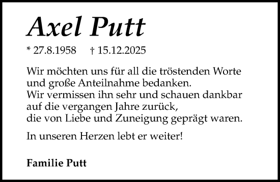 Traueranzeige von Axel Putt von Lübecker Nachrichten