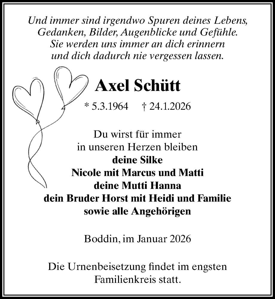  Traueranzeige für Axel Schütt vom 31.01.2026 aus Wochenspiegel