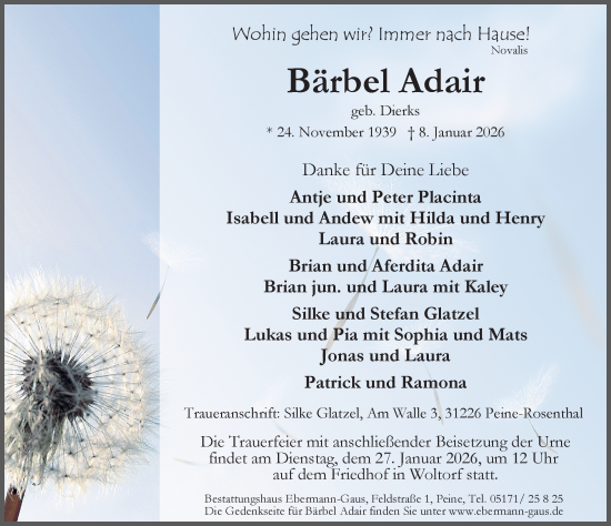 Traueranzeige von Bärbel Adair von Peiner Allgemeine Zeitung