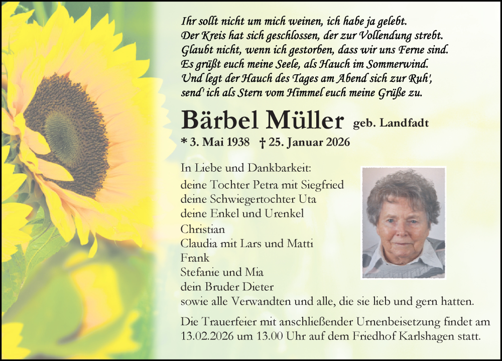  Traueranzeige für Bärbel Müller vom 31.01.2026 aus Ostsee-Zeitung GmbH