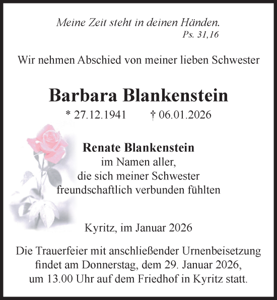 Traueranzeige von Barbara Blankenstein von Wochenspiegel