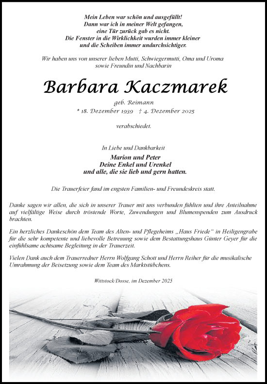 Traueranzeige von Barbara Kaczmarek von Wochenspiegel