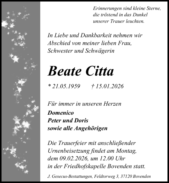 Traueranzeige von Beate Citta von Göttinger Tageblatt