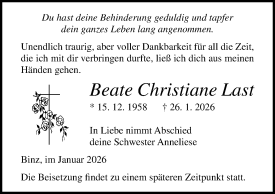 Traueranzeige von Beate Christiane Last von Ostsee-Zeitung GmbH