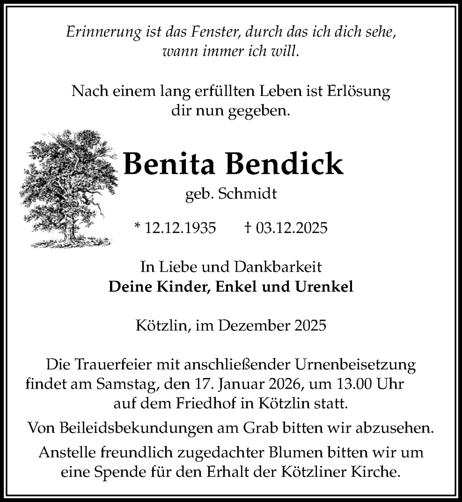  Traueranzeige für Benita Bendick vom 10.01.2026 aus Wochenspiegel
