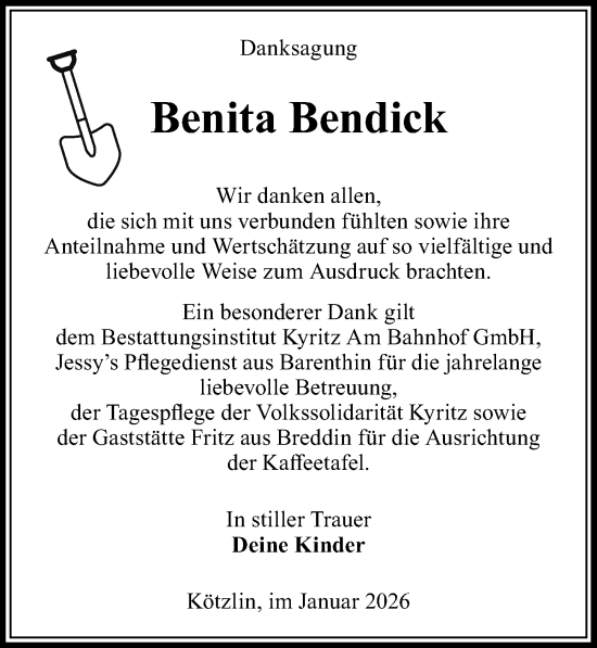 Traueranzeige von Benita Bendick von Wochenspiegel