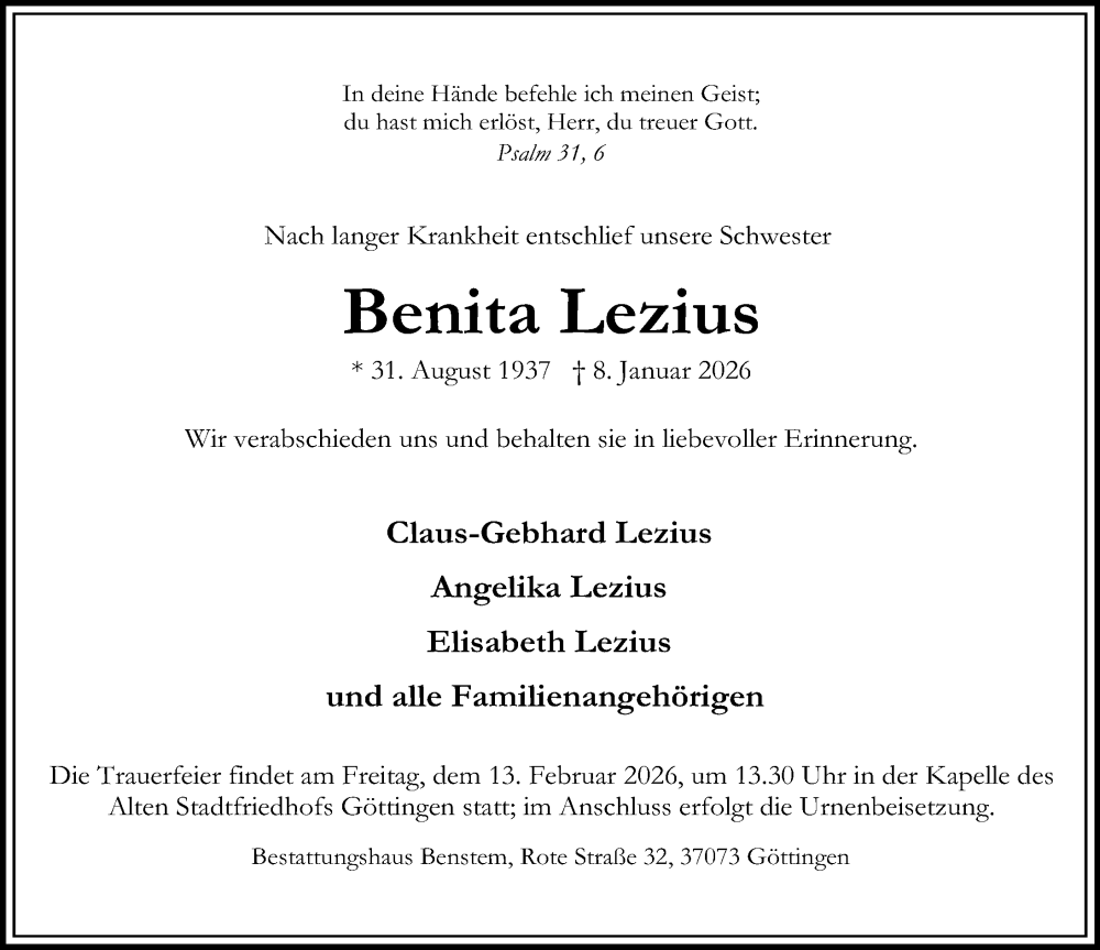  Traueranzeige für Benita Lezius vom 24.01.2026 aus Göttinger Tageblatt