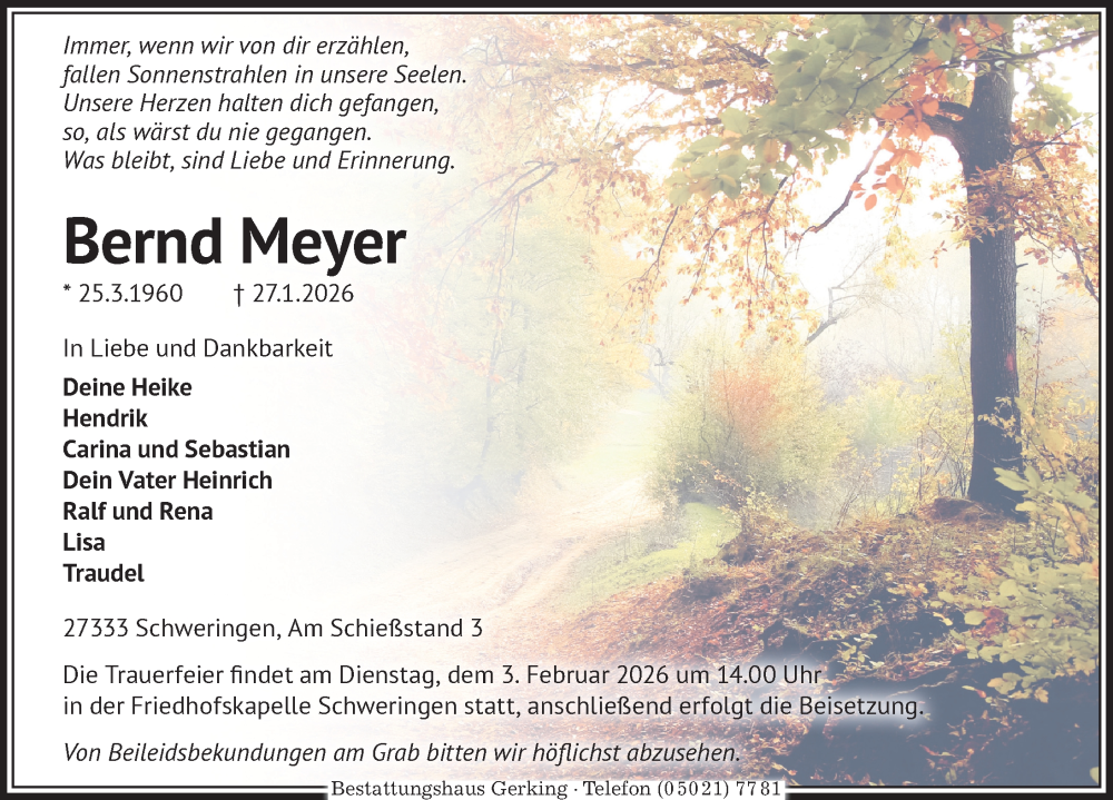  Traueranzeige für Bernd Meyer vom 31.01.2026 aus Die Harke