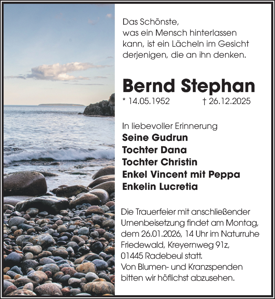  Traueranzeige für Bernd Stephan vom 17.01.2026 aus Sächsische Zeitung