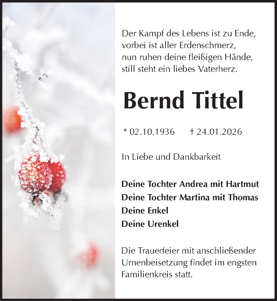  Traueranzeige für Bernd Tittel vom 31.01.2026 aus Sächsische Zeitung