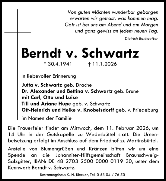 Traueranzeige von Berndt v. Schwartz von Peiner Allgemeine Zeitung