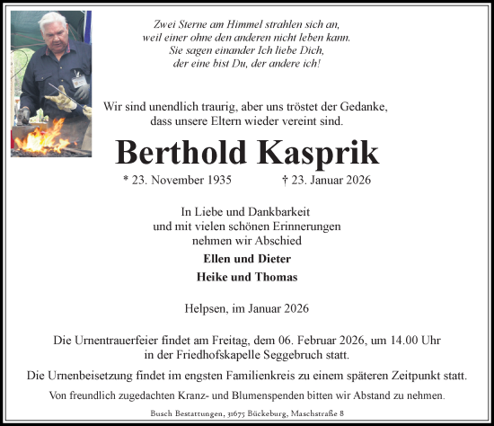Traueranzeige von Berthold Kasprik von Schaumburger Nachrichten