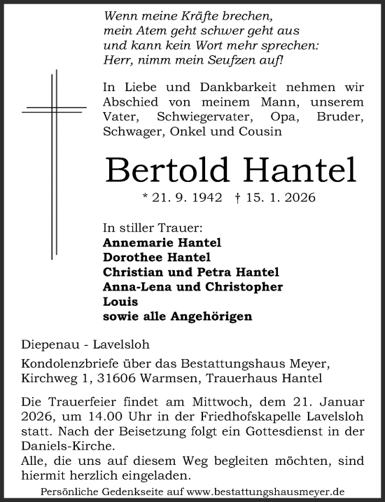 Traueranzeige von Bertold Hantel von Die Harke