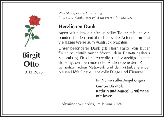 Traueranzeige von Birgit Otto von Täglicher Anzeiger Holzminden