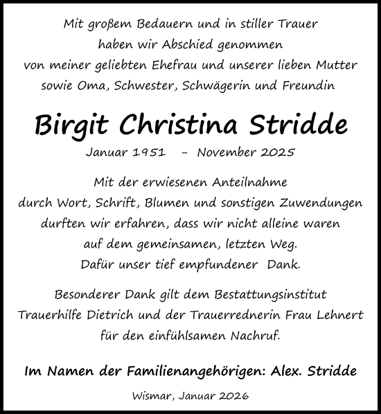 Traueranzeige von Birgit Christina Stridde von Ostsee-Zeitung GmbH