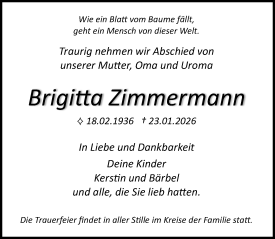 Traueranzeige von Brigitta Zimmermann von Ostsee-Zeitung GmbH