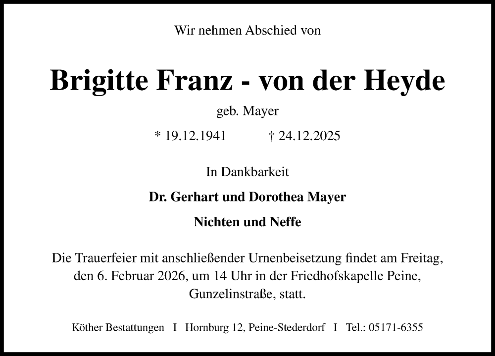  Traueranzeige für Brigitte Franz-von der Heyde vom 31.01.2026 aus Peiner Allgemeine Zeitung