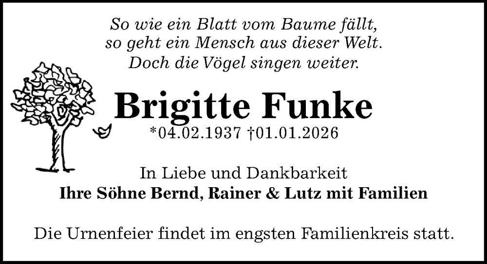  Traueranzeige für Brigitte Funke vom 10.01.2026 aus Sächsische Zeitung