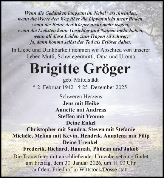 Traueranzeige von Brigitte Gröger von Wochenspiegel