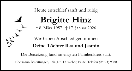 Traueranzeige von Brigitte Hinz von Peiner Allgemeine Zeitung