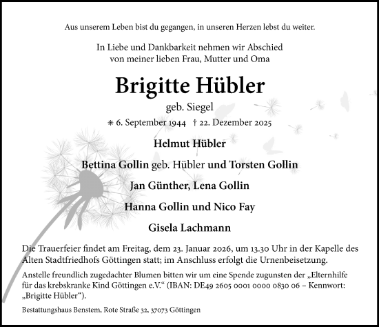 Traueranzeige von Brigitte Hübler von Göttinger Tageblatt