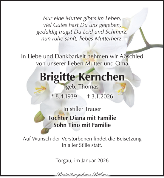 Traueranzeige von Brigitte Kernchen von Torgauer Zeitung