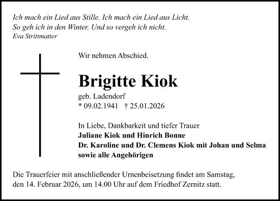 Traueranzeige von Brigitte Kiok von Wochenspiegel