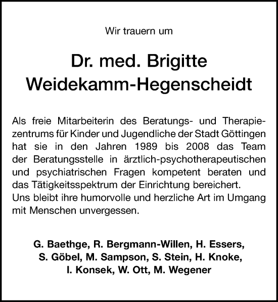 Traueranzeige von Brigitte Weidekamm-Hegenscheidt von Göttinger Tageblatt