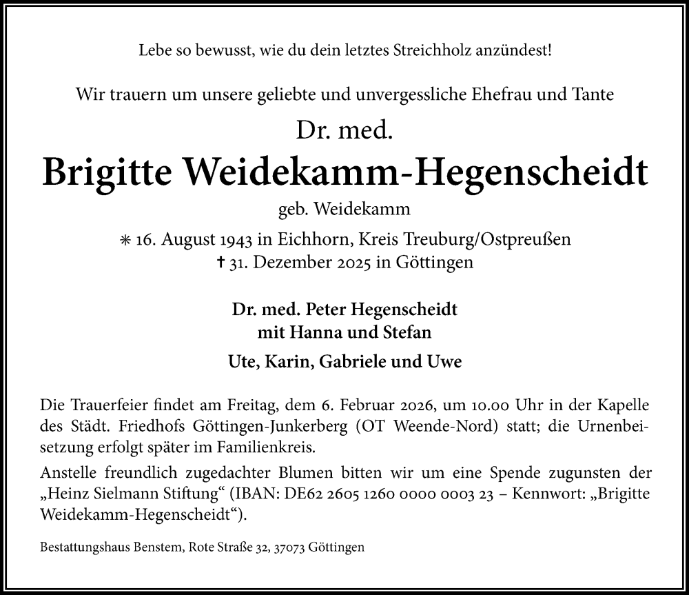  Traueranzeige für Brigitte Weidekamm-Hegenscheidt vom 10.01.2026 aus Göttinger Tageblatt