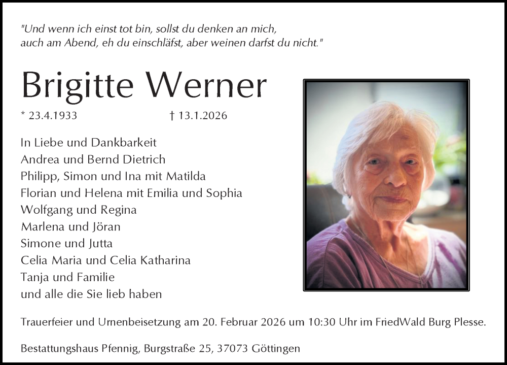  Traueranzeige für Brigitte Werner vom 24.01.2026 aus Göttinger Tageblatt