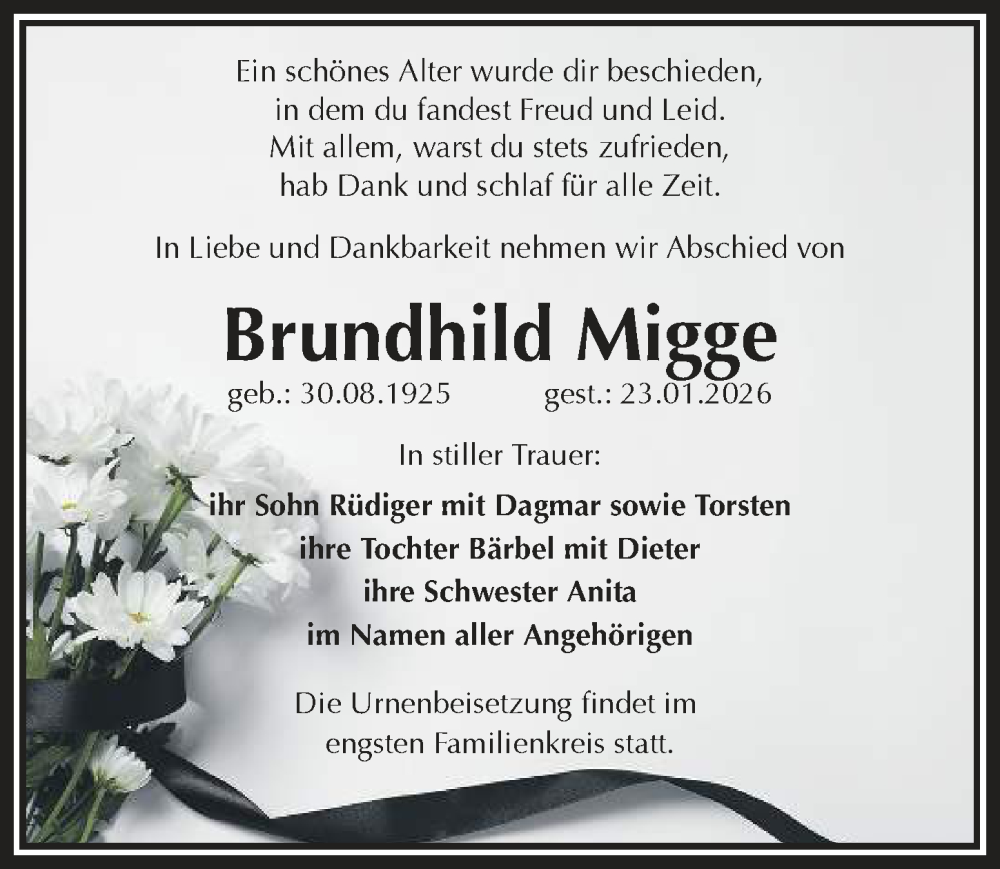  Traueranzeige für Brundhild Migge vom 31.01.2026 aus Sächsische Zeitung