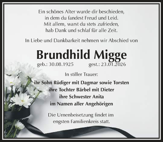Traueranzeige von Brundhild Migge von Sächsische Zeitung