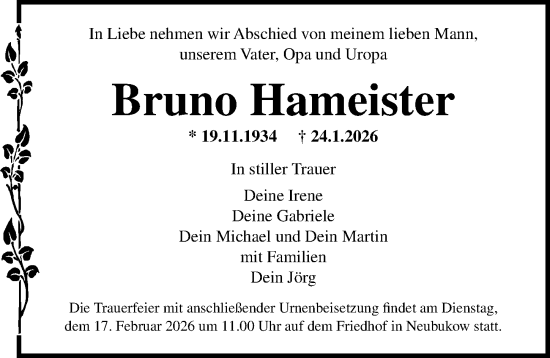 Traueranzeige von Bruno Hameister von Ostsee-Zeitung GmbH
