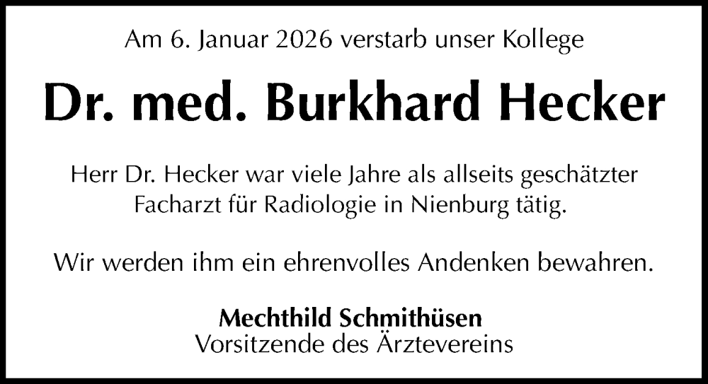  Traueranzeige für Burkhard Hecker vom 24.01.2026 aus Die Harke