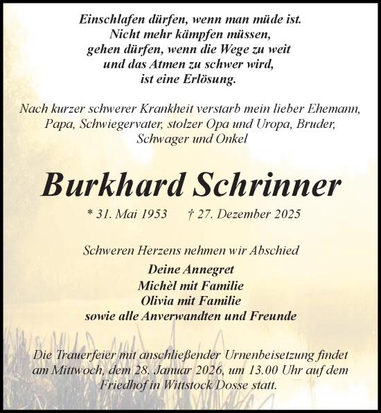 Traueranzeige von Burkhard Schrinner von Wochenspiegel